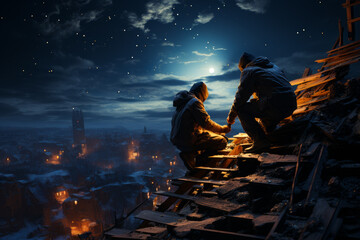 Two young boys sitting on the roof and looking at the stars