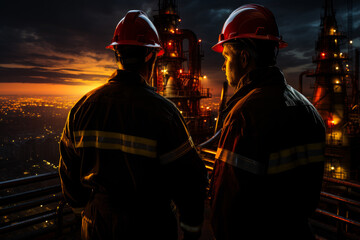 Two workers watching the oil rig at night.