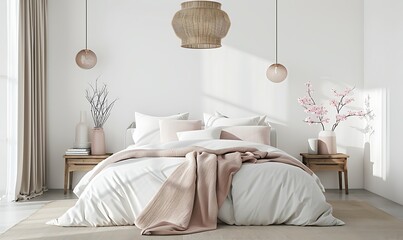  a bed with two nightstands and a pendant light above it. The background is white - obrazy, fototapety, plakaty