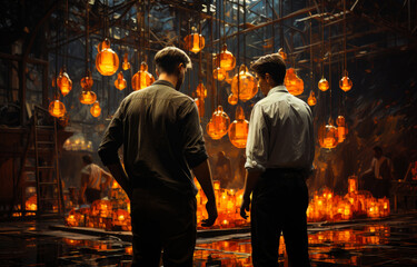 Two men stand in room full of lanterns