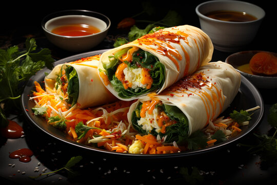 Two Vietnamese spring rolls with vegetables and herbs on black plate