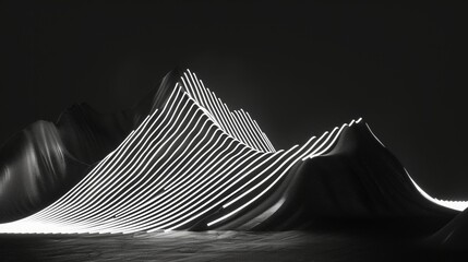 Sharp, angular lines forming a mountain landscape, executed in a minimalist black and white scheme, fluorescent colors  - obrazy, fototapety, plakaty
