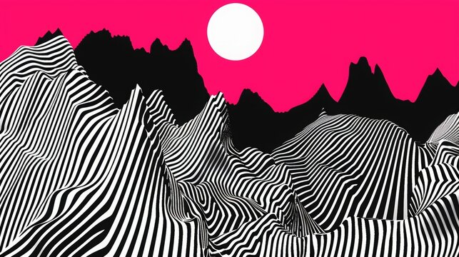 Sharp, angular lines forming a mountain landscape, executed in a minimalist black and white scheme, fluorescent colors 