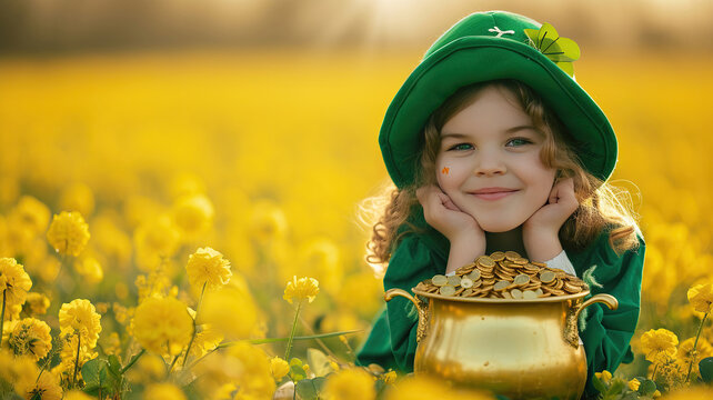 little girl in a St. Patrick's costume in a yellow field