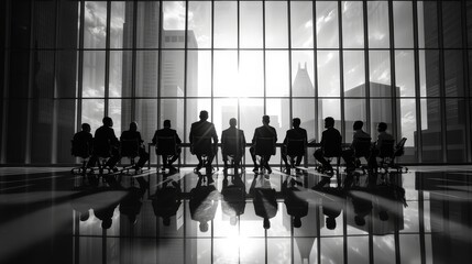 A group of people sitting in a room with a large window in the background. The people are all dressed in business attire and appear to be in a meeting. Scene is serious and professional - obrazy, fototapety, plakaty