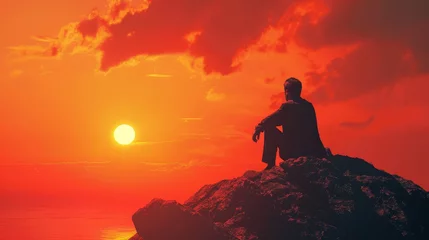 Keuken foto achterwand A man is sitting on a rock overlooking the ocean at sunset. The sky is filled with clouds, and the sun is setting in the distance. The man is lost in thought, and the scene has a peaceful © Rattanathip