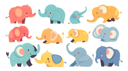 Adorable Cartoon Elephants in Pastel Colors isolated