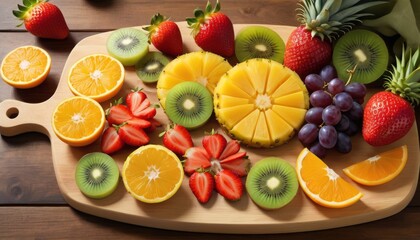 A beautifully presented fruit selection on a wooden board, including sliced mango, strawberries, and citrus. AI Generation