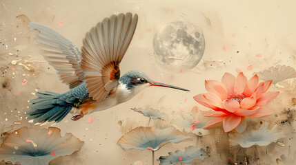   A bird soars above water lilies under a full moon with a pink bloom in the foreground