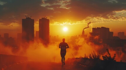 A runner is running through a city with a large building in the background. The sky is orange and the sun is setting