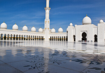 Abu Dhabi, United Arab Emirates: January 25, 2024 - Close view of Sheikh Zayed Grand Mosque, Abu...