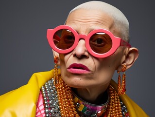 Old Woman in Pink Glasses and Beaded Necklaces