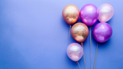  Purple and gold balloons on blue background with gold sticks protruding from one