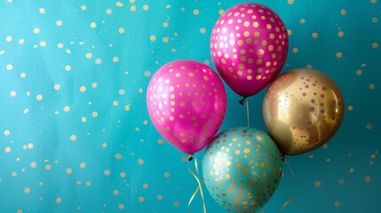   Three balloons on top of blue and gold polka dots with confetti