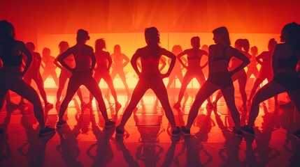 Fototapeta premium A group of women are dancing in a studio with a red background. The women are wearing black and white outfits