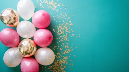   Pink, white, gold, and teal balloons on a gold and blue background with gold sprinkles