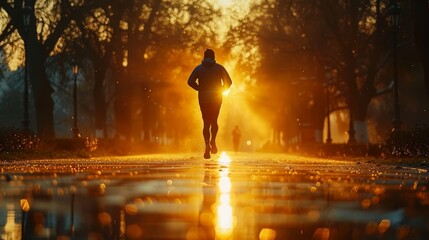 A man runs through a park at sunset. The sun is setting, casting a warm glow over the scene. The man is the main focus of the image, and the background features trees and a path - obrazy, fototapety, plakaty