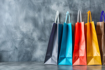 Colorful Paper Shopping Bags for Sale: man Holding Red and Blue Bags - obrazy, fototapety, plakaty
