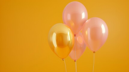   A yellow sky filled with pink and yellow balloons against a yellow wall