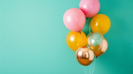  A group of colorful balloons floating against a blue-green backdrop