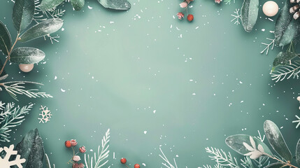A festive digital illustration of dense winter foliage framing a central empty space for holiday...