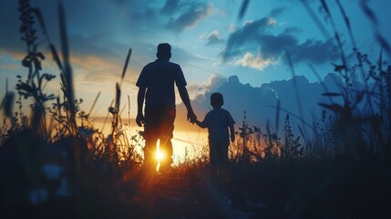 Obraz na płótnie Canvas A man and a child are walking together in a field at sunset. The man is holding the child's hand, and they both seem to be enjoying the moment. Scene is peaceful and serene, as the sun sets