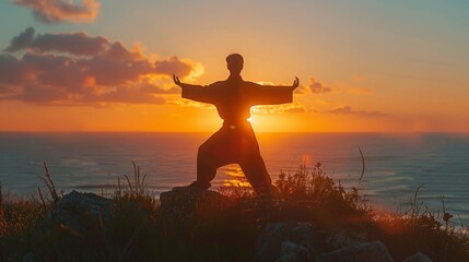 A man is practicing martial arts on a beach at sunset. The scene is serene and peaceful, with the man's movements and the beautiful sunset creating a sense of calm and tranquility