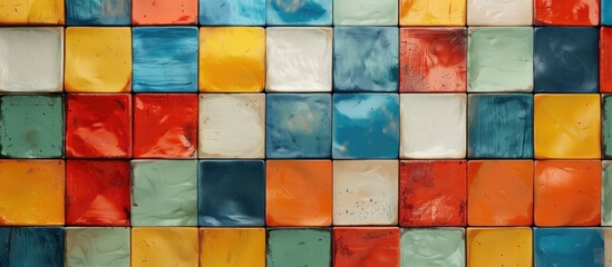 A closeup shot of a Brown, Azure and Aqua checkered pattern on a wall, showcasing artistic creativity through colorful rectangles and symmetrical design - obrazy, fototapety, plakaty