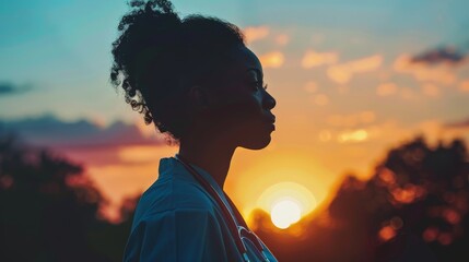 A woman with a ponytail stands in front of a sunset. The sky is a mix of orange and purple, and the sun is setting in the distance. The woman is looking off into the distance, lost in thought - obrazy, fototapety, plakaty