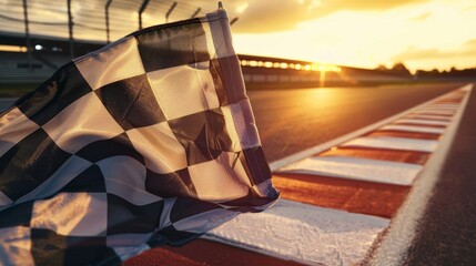 Waving checkered flag with racing track in background. 