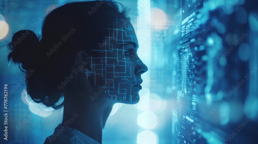 Poster a woman is looking at a computer screen with a face on it. the face is made up of computer code and 