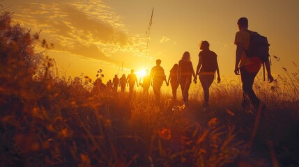 A group of people are walking through a field at sunset. The sun is setting in the background, casting a warm glow over the scene. The people are carrying backpacks and handbags