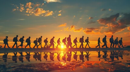 A group of people walking in a line with the sun in the background
