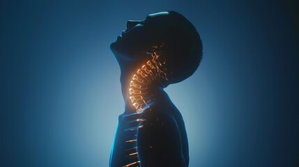 A man's head is shown in a blue background with a spine made of wires. The spine is twisted and broken, giving the impression of a damaged or broken body. Scene is one of despair or hopelessness