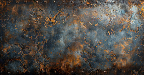   A rusted metal background with rivets at the bottom and sides of the wall