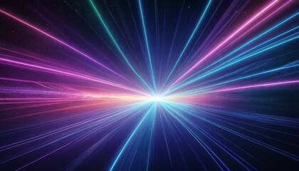 A breathtaking burst of cosmic light stretches outwards, with radiant beams in pink, blue, and purple against the dark void of space. AI Generation