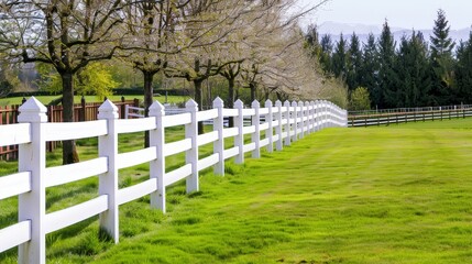 Fototapeta na wymiar White wooden fence in the backyard and lawn