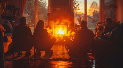 A group of people are sitting around a fireplace, enjoying the warmth and the company. The room is cozy and inviting, with a rug on the floor and a few potted plants scattered around