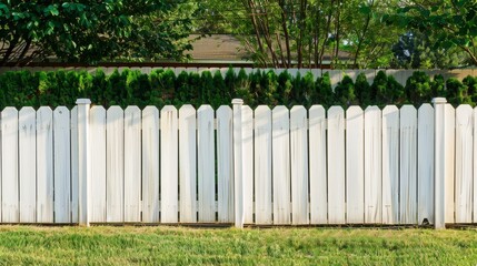 White wooden fence in the backyard and lawn