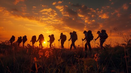 A group of soldiers are walking in a field at sunset. The sun is setting behind them, casting a warm glow over the scene. The soldiers are wearing backpacks and appear to be on a long journey - obrazy, fototapety, plakaty