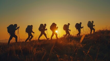 A group of people are hiking up a hill, with the sun setting in the background. The silhouettes of the hikers create a sense of unity and camaraderie - obrazy, fototapety, plakaty