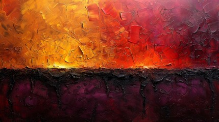   A painting of a red, orange, yellow, and black background with water drops on a glass and in the bottom part
