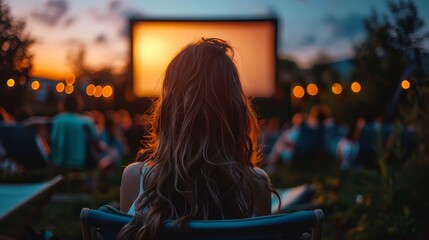 A woman sits in a chair in front of a movie screen. The woman is wearing a white shirt and has long hair. The scene is set outdoors, with a group of people gathered around the screen - obrazy, fototapety, plakaty