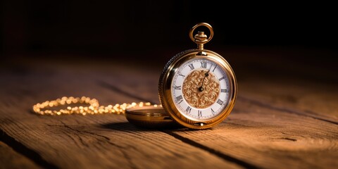 With an aura of classic charm, a gold pocket watch featuring Roman numerals rests gracefully atop a wooden table. - obrazy, fototapety, plakaty