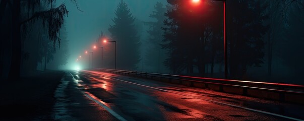 Through the veil of fog, street lamps cast a hazy glow along the road, as the red trail of a car's tail lights cuts through the mist, painting a scene of eerie beauty. - obrazy, fototapety, plakaty