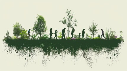 A group of people are walking through a forest. The people are walking in a line and there are trees in the background