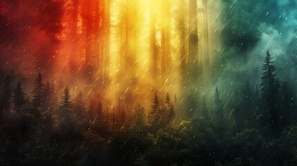   A forest brimming with numerous trees beneath a sky ablaze with white and yellow precipitation cascading from tree tops - obrazy, fototapety, plakaty