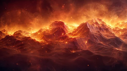 Rollo  Mountain range engulfed in orange and yellow flames and billowing smoke against a dark backdrop © Shanti