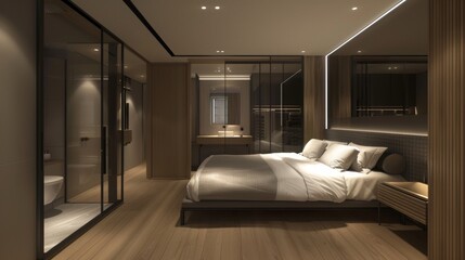 super minimal bedroom design with a front view of a separating wall between the bedroom and the bathroom