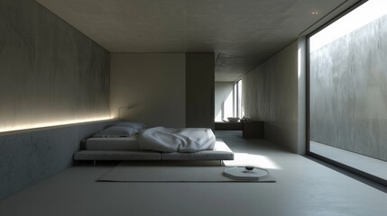 super minimal bedroom design with a front view of a separating wall between the bedroom and the bathroom